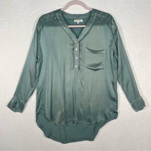 On The Road Green Satin Henley Blouse